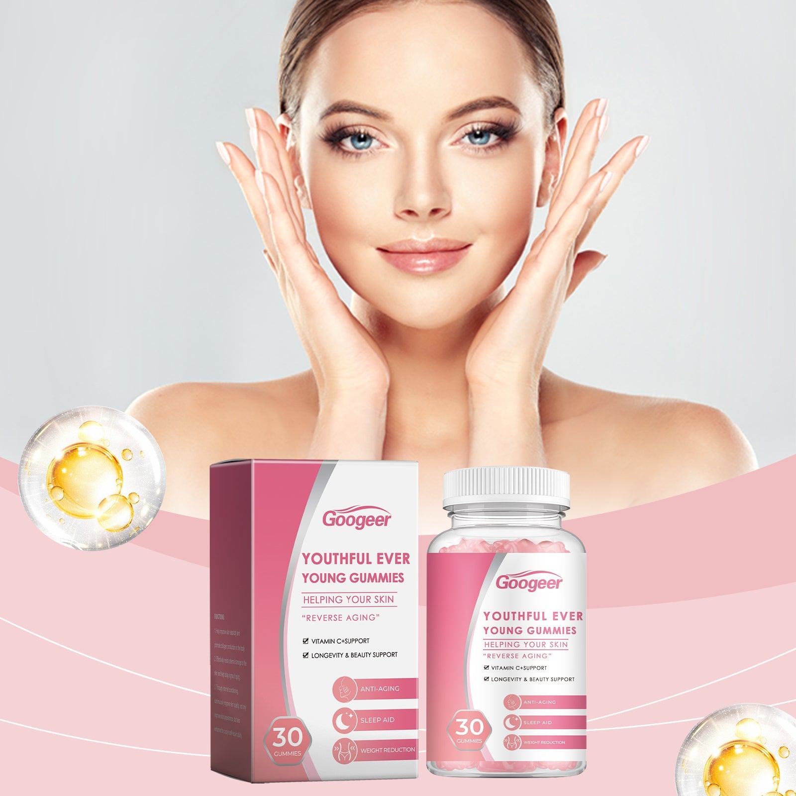 Woman with glowing skin touching her face alongside product box, bottle, and golden serum drops on pink background