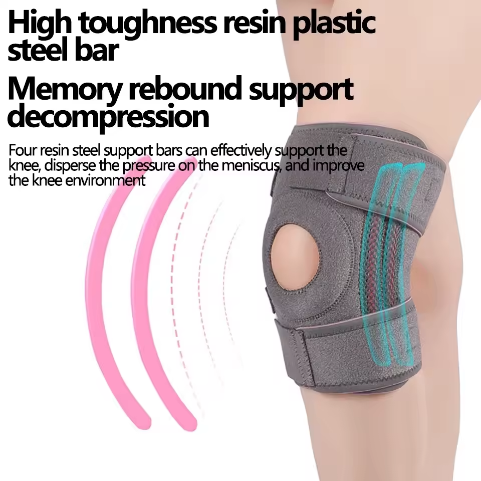 Knee protector on leg with visual diagram showing four pink resin steel support bars and decompression zones