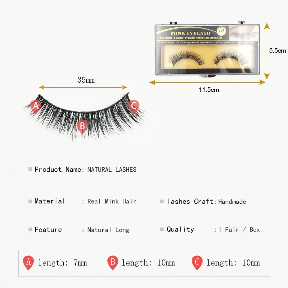 Technical specification diagram showing lash dimensions, case measurements, materials breakdown, and graduated lash sections labeled A, B, C with their respective lengths