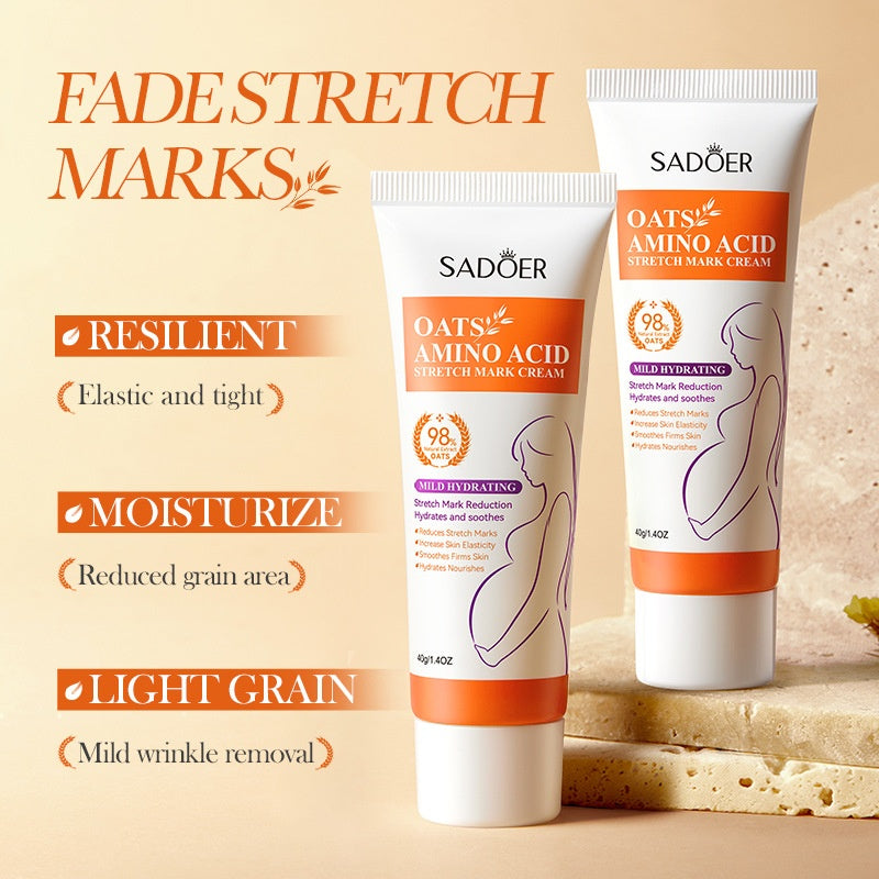 Two cream tubes displayed with key benefit callouts: 'Fade Stretch Marks', 'Resilient Elastic and tight', 'Moisturize Reduced grain area', 'Light Grain Mild wrinkle removal'