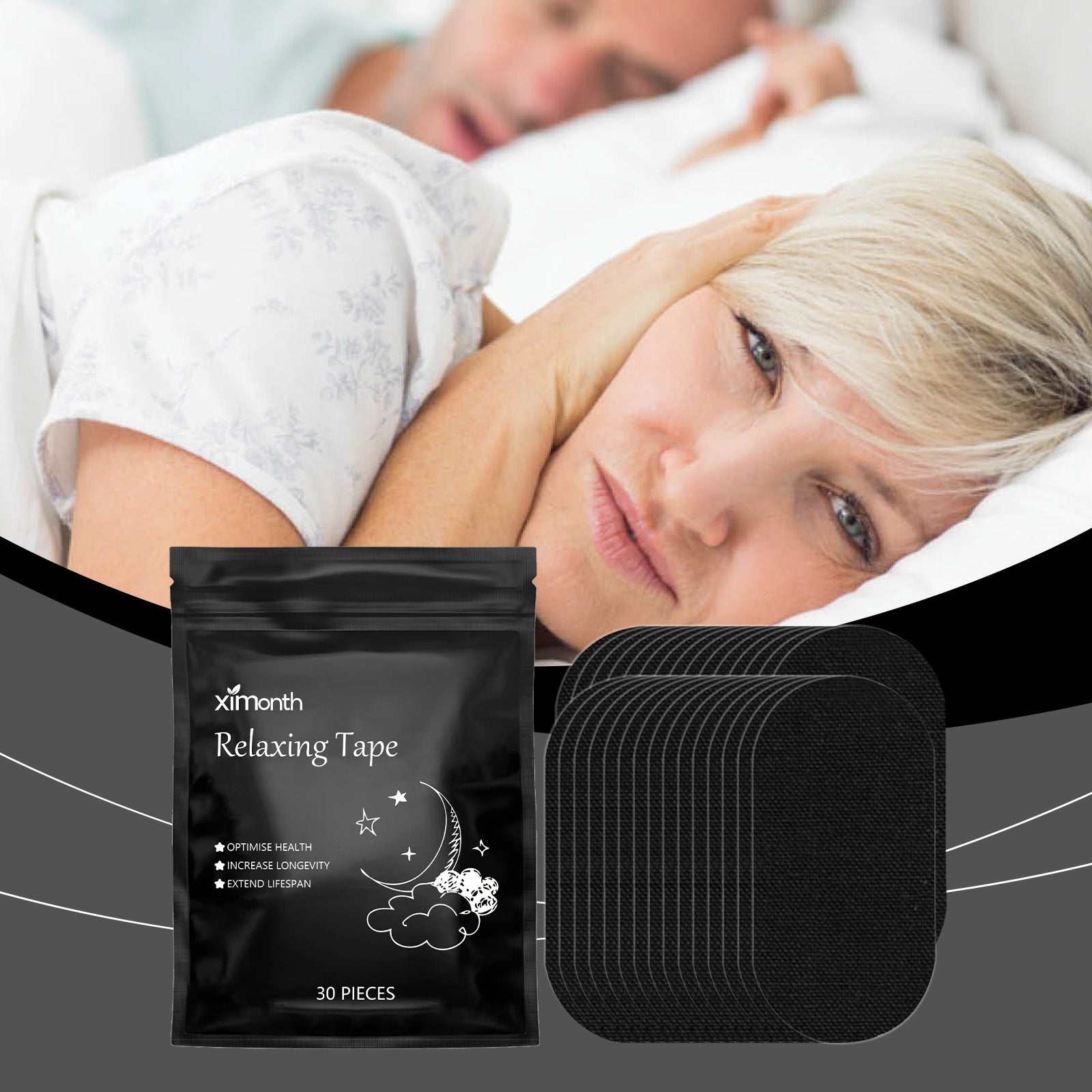 Woman sleeping peacefully in white bedding with product packaging and tape strips shown alongside