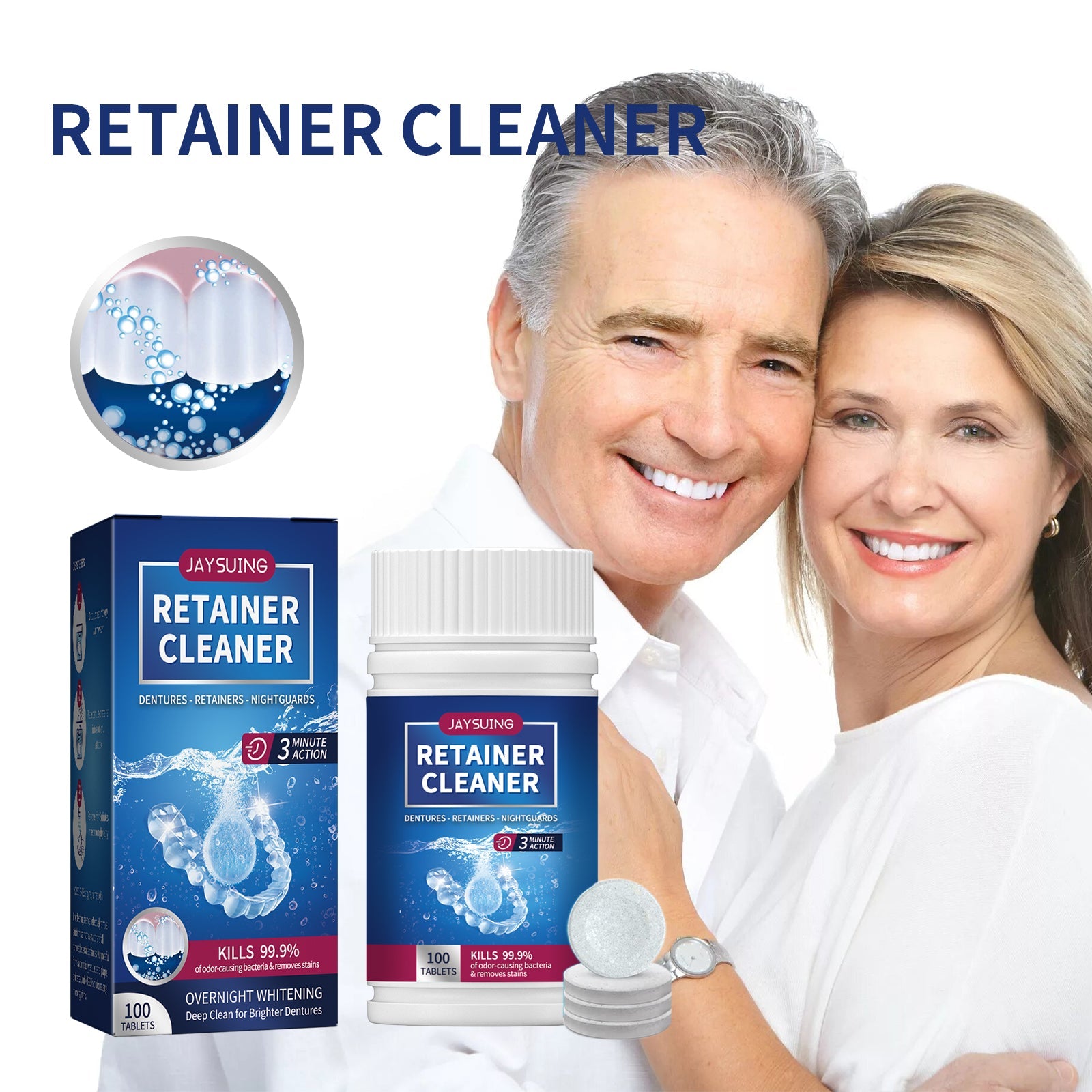 Smiling middle-aged couple displaying bright white teeth and dentures, with product bottle and tablets