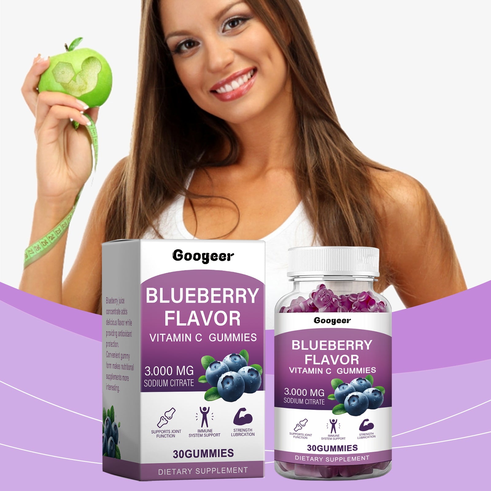 Smiling woman with measuring tape holding green apple, surrounded by product packaging in wellness context