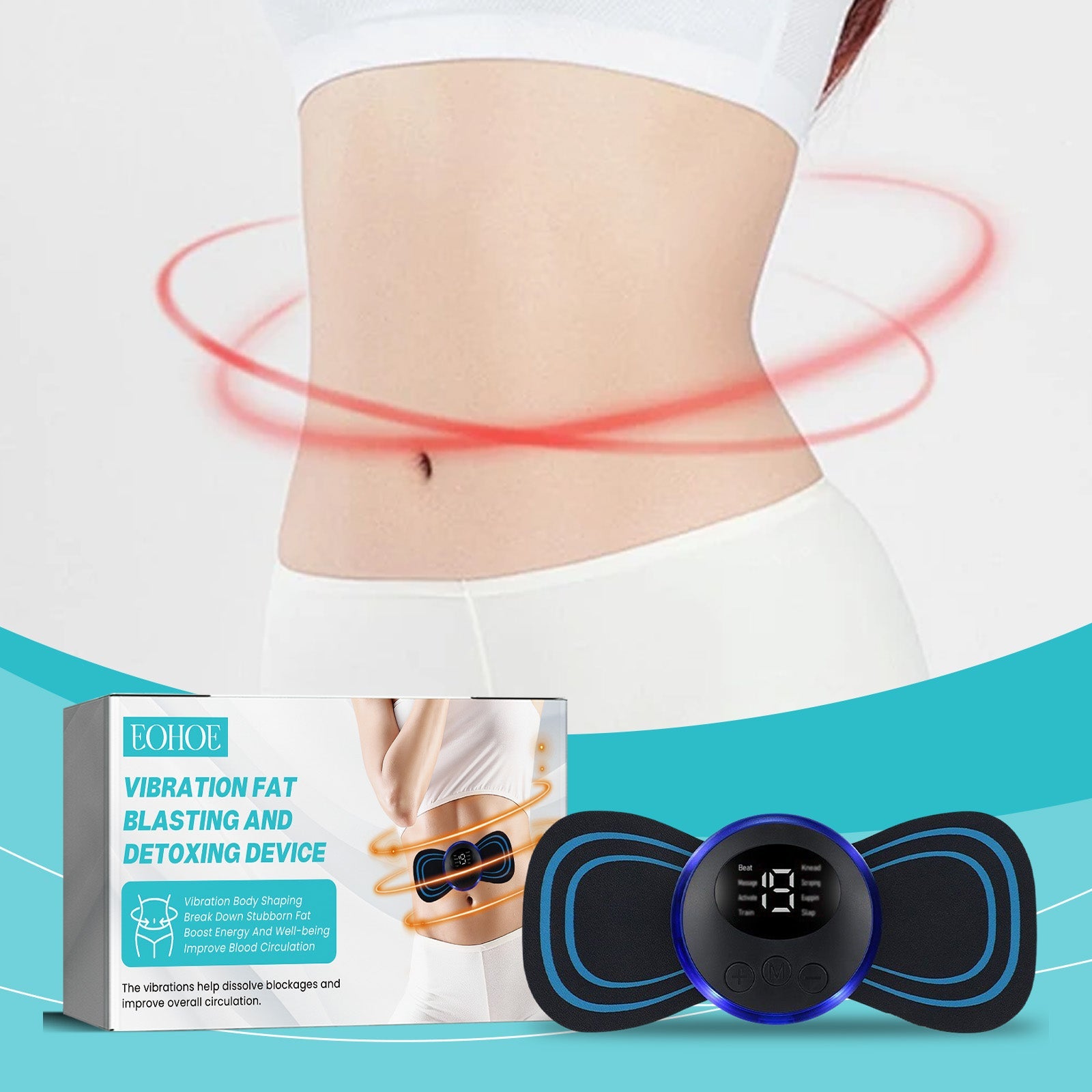 Device applied to waist with red vibration energy visualization on female abdomen