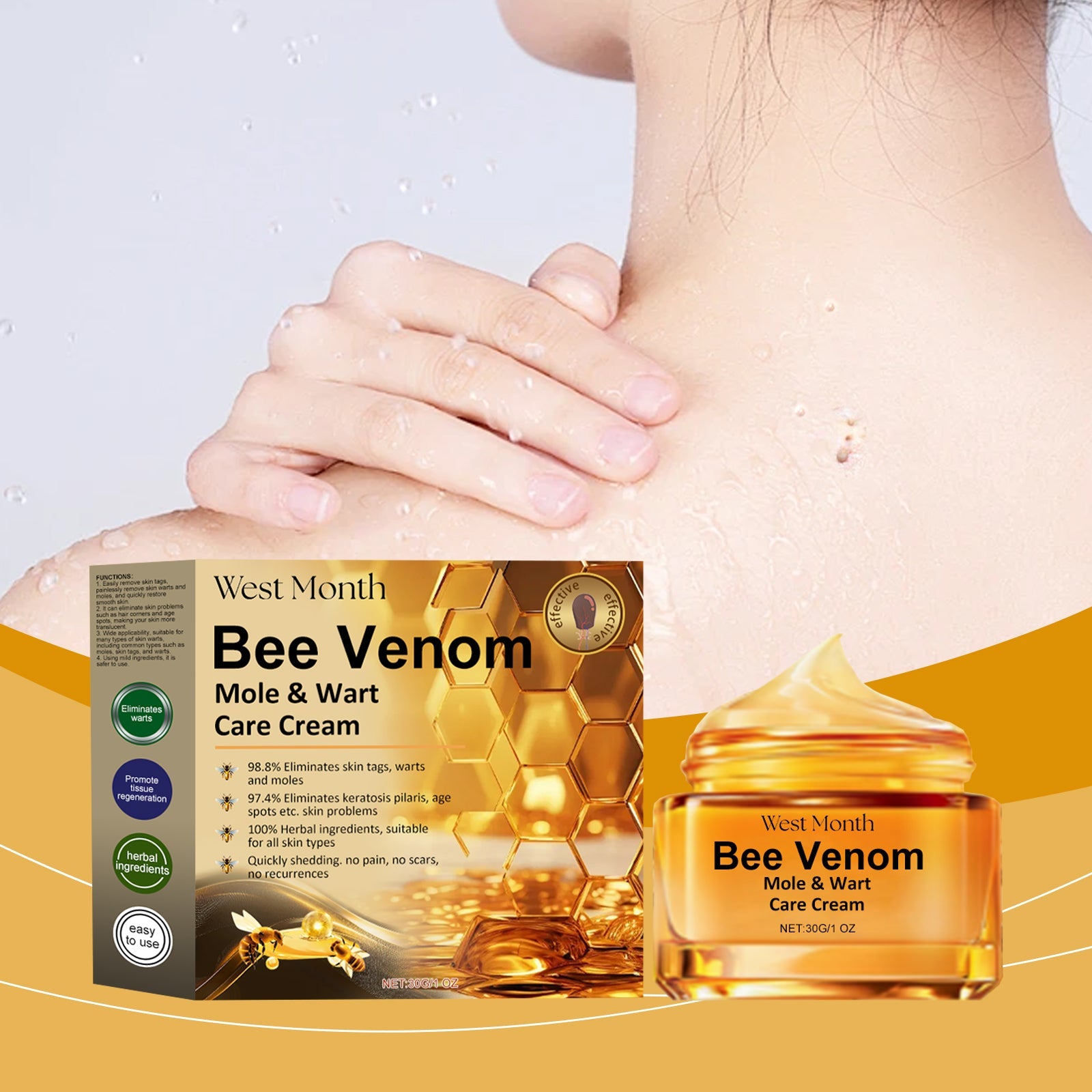 Woman's neck and shoulder area with visible skin texture being treated; hand applying cream; packaging visible in composition with golden wave design backdrop