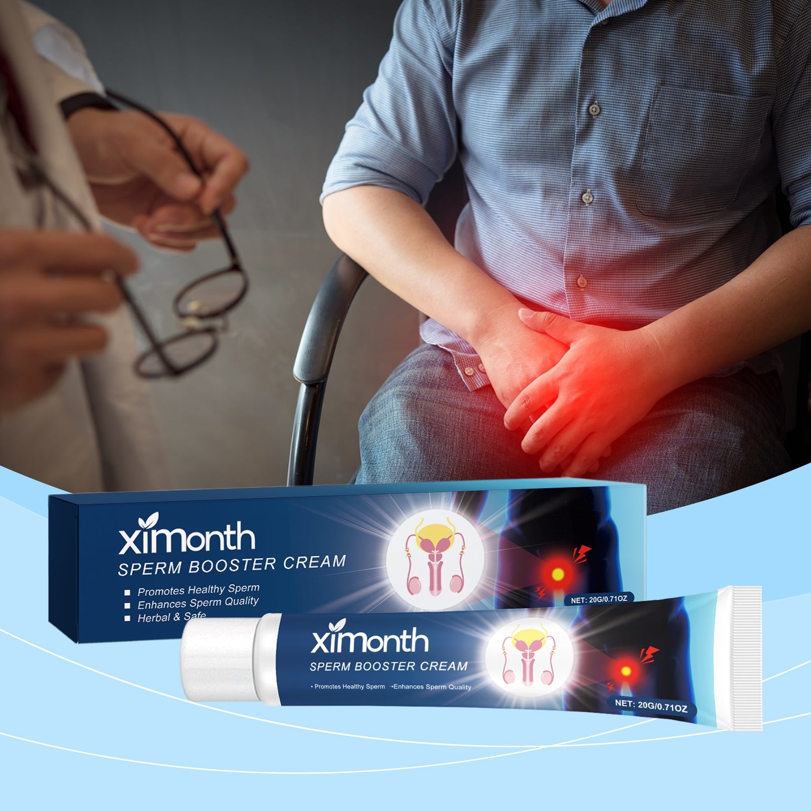 Man in light blue shirt holding lower abdomen area with red pain/heat visualization overlay; product packaging displayed below on blue background