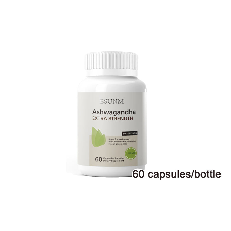 Isolated bottle view of ESUNM Ashwagandha with text overlay stating '60 capsules/bottle'