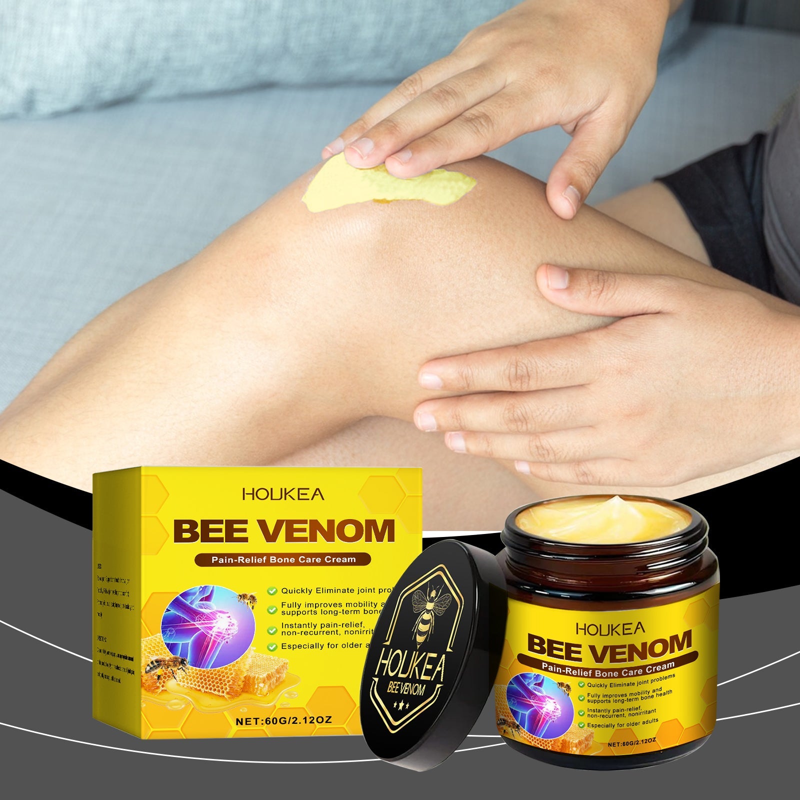 Hand applying pale golden cream to knee joint area; packaging displayed in lower corner