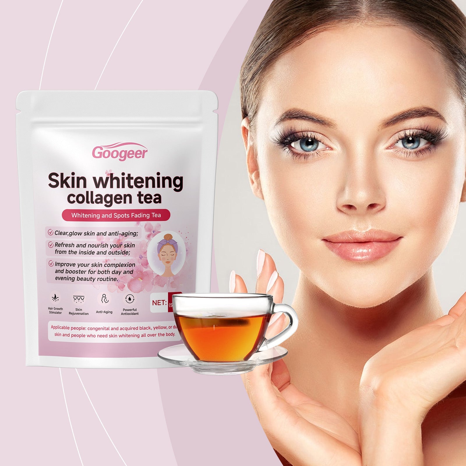 Woman with glowing, radiant skin alongside packaged product and brewed tea cup