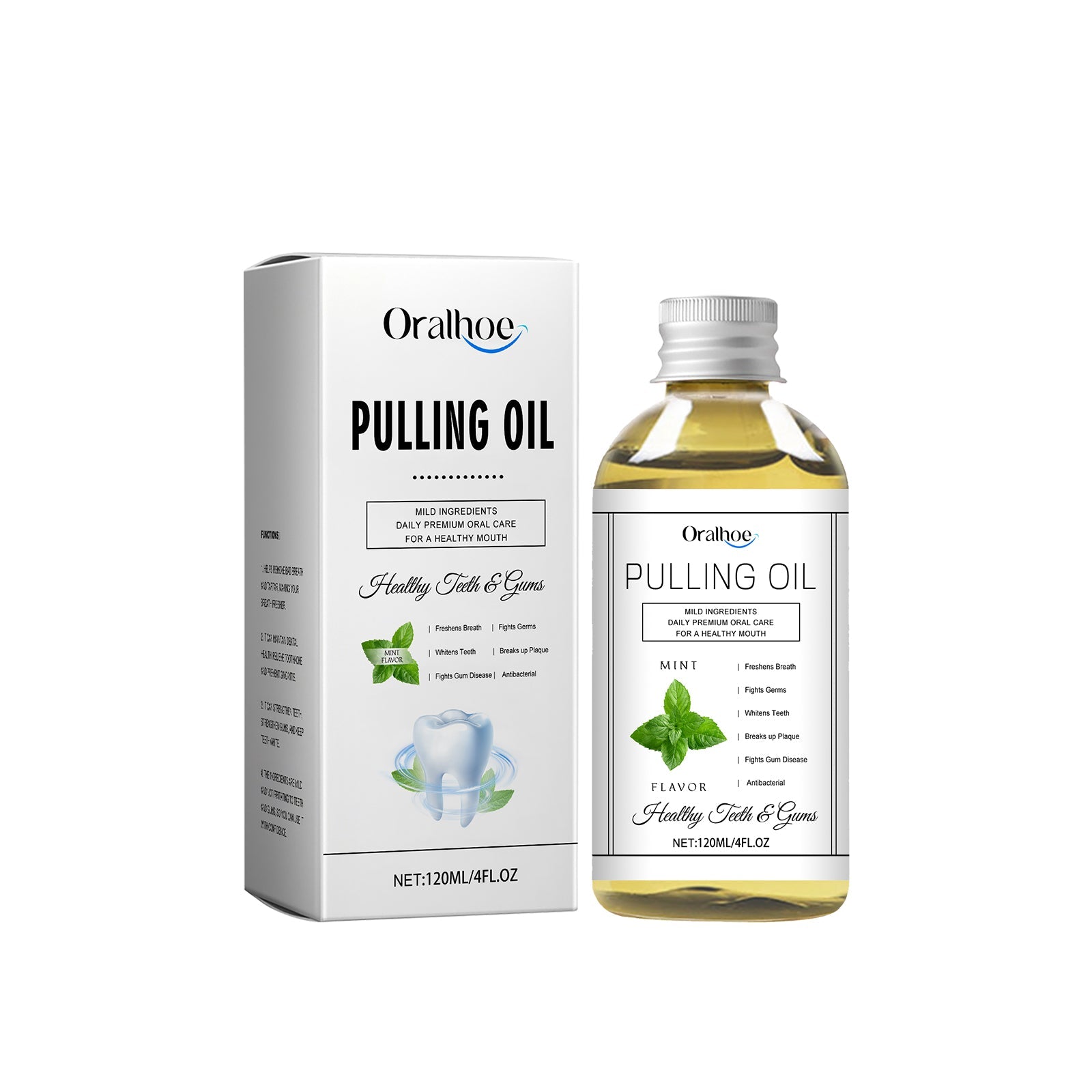 Close-up lifestyle image with bullet points listing benefits: oral health support, mouth soothing, mild formula, easy daily use with product and natural ingredients (mint, coconut, vitamin E)