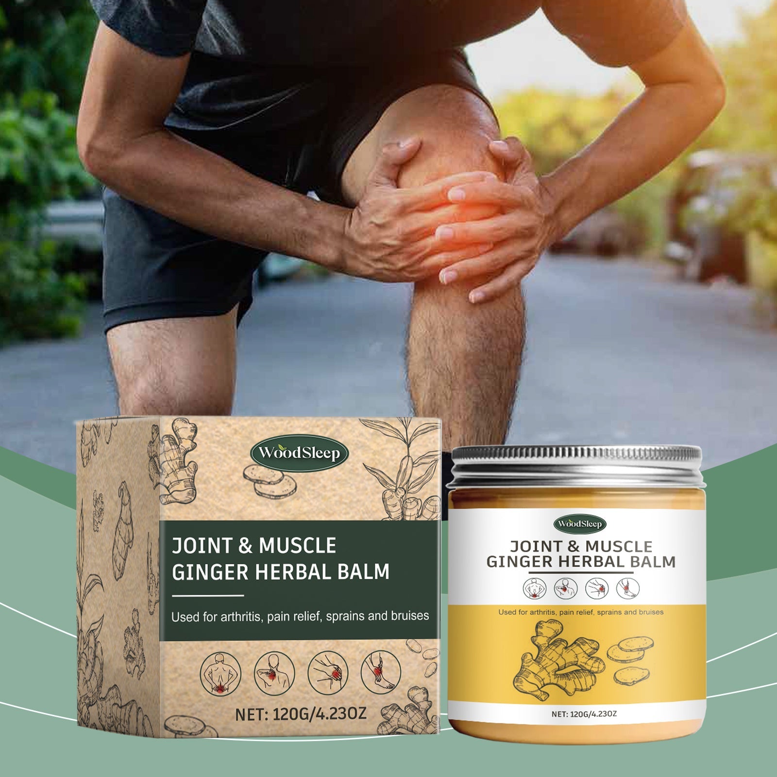 Young athletic man holding his knee in pain outdoors during exercise, product shown with packaging overlay