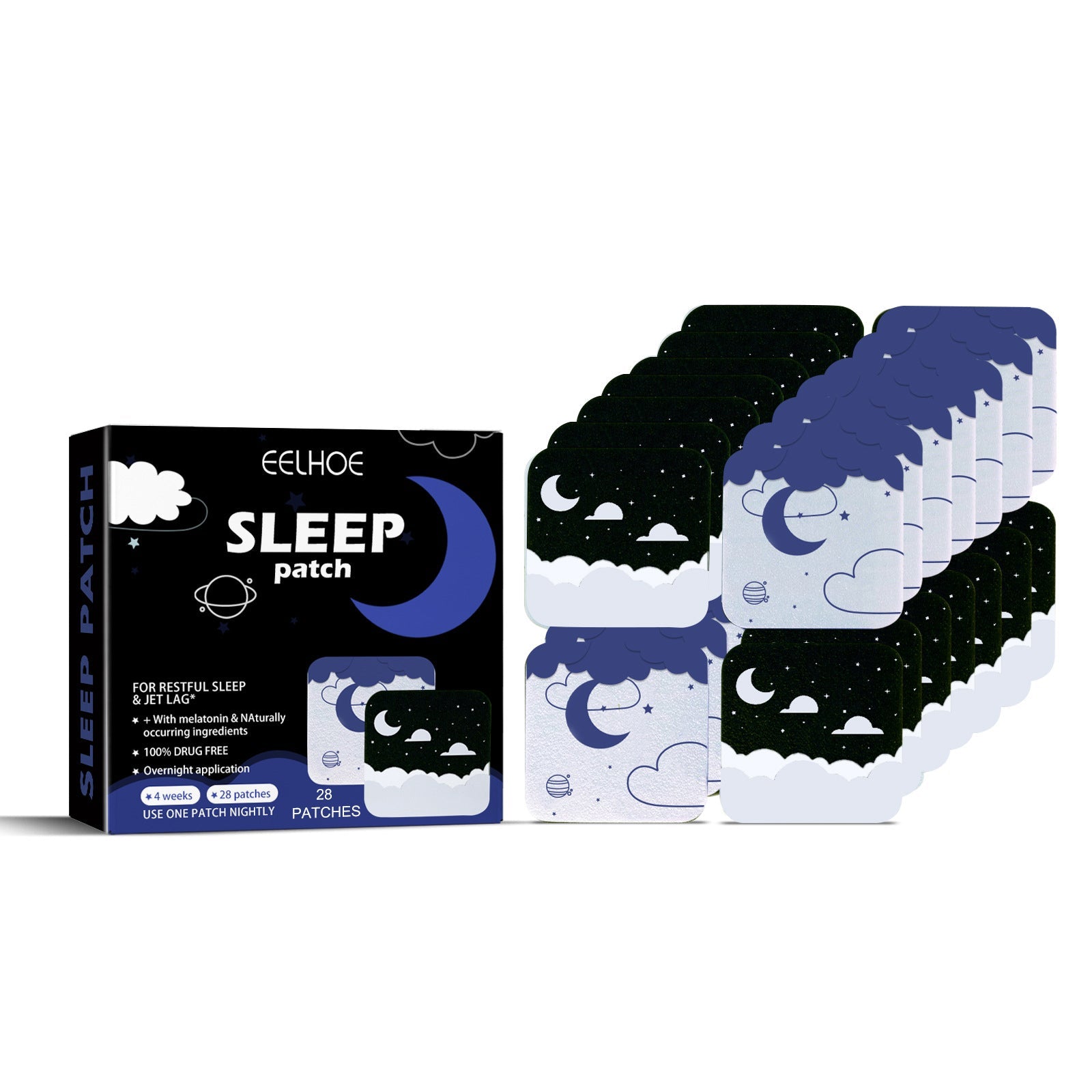 Woman peacefully sleeping with patch visible on shoulder, headline 'SLEEP PATCH - Sleep well all night and be refreshed'