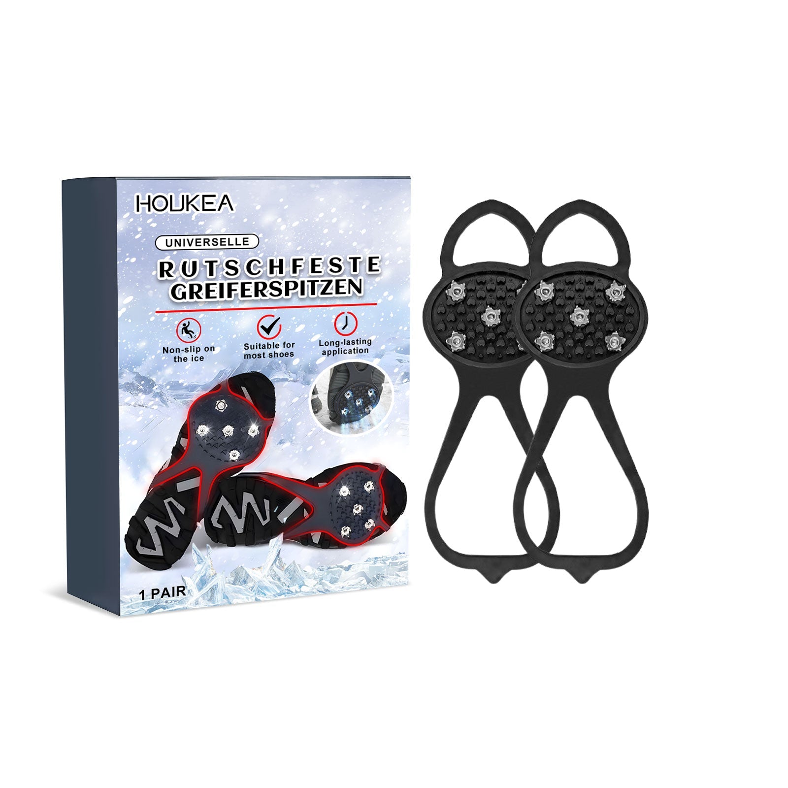 Identical product shot of black ice crampons with handles visible and metal spikes clearly shown