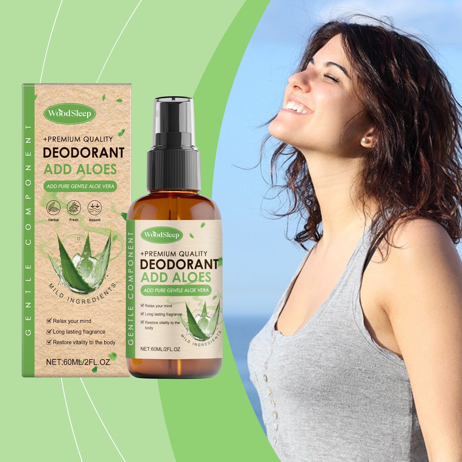 Young woman with relaxed expression and clear, glowing skin positioned against green gradient background with product packaging visible