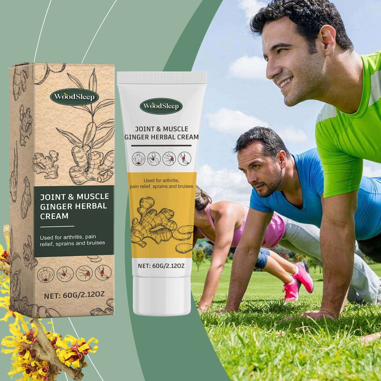 Active men and women exercising outdoors doing yoga-style stretches with product packaging in background and warm green tones