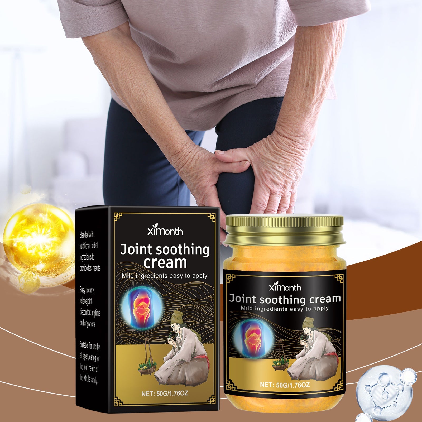 Mature man holding his lower back in pain with product and packaging displayed, golden light effects and herbal accents