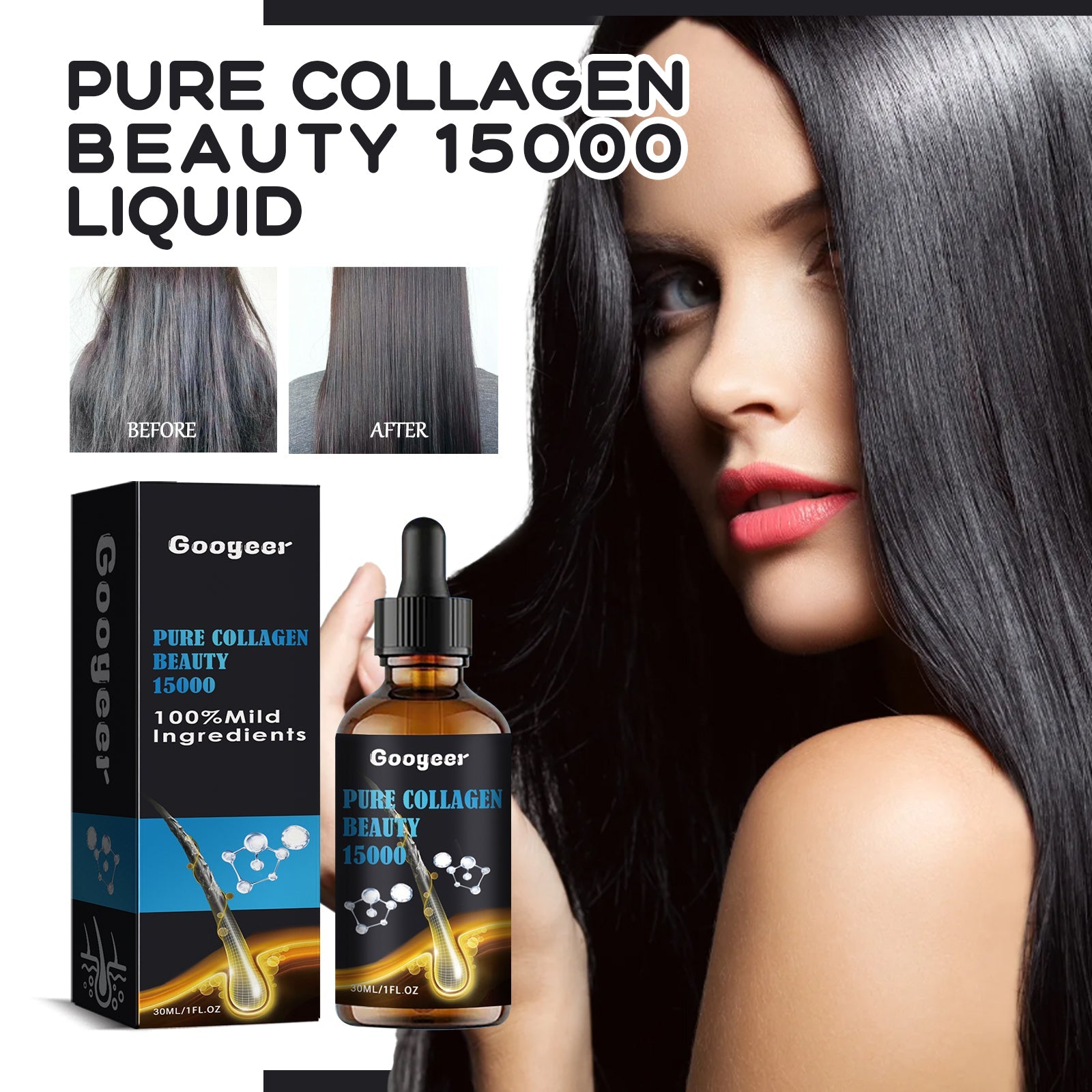 Product highlights diagram showing collagen molecule structures and microscopic skin cross-sections demonstrating scalp and skin layer benefits with clean blonde woman face portrait
