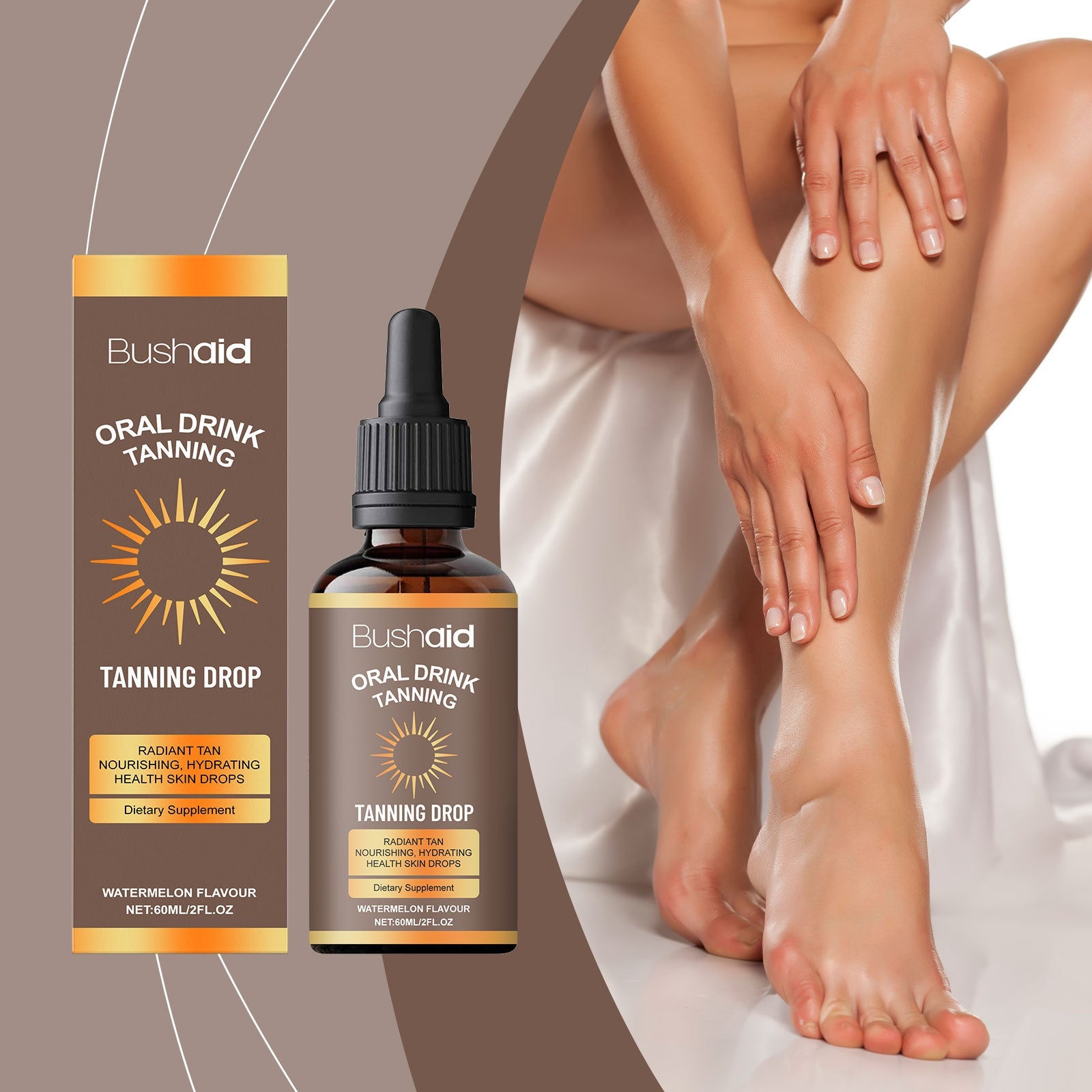 Woman's legs and feet being touched alongside Bushaid tanning drops product showing tanned, even skin tone