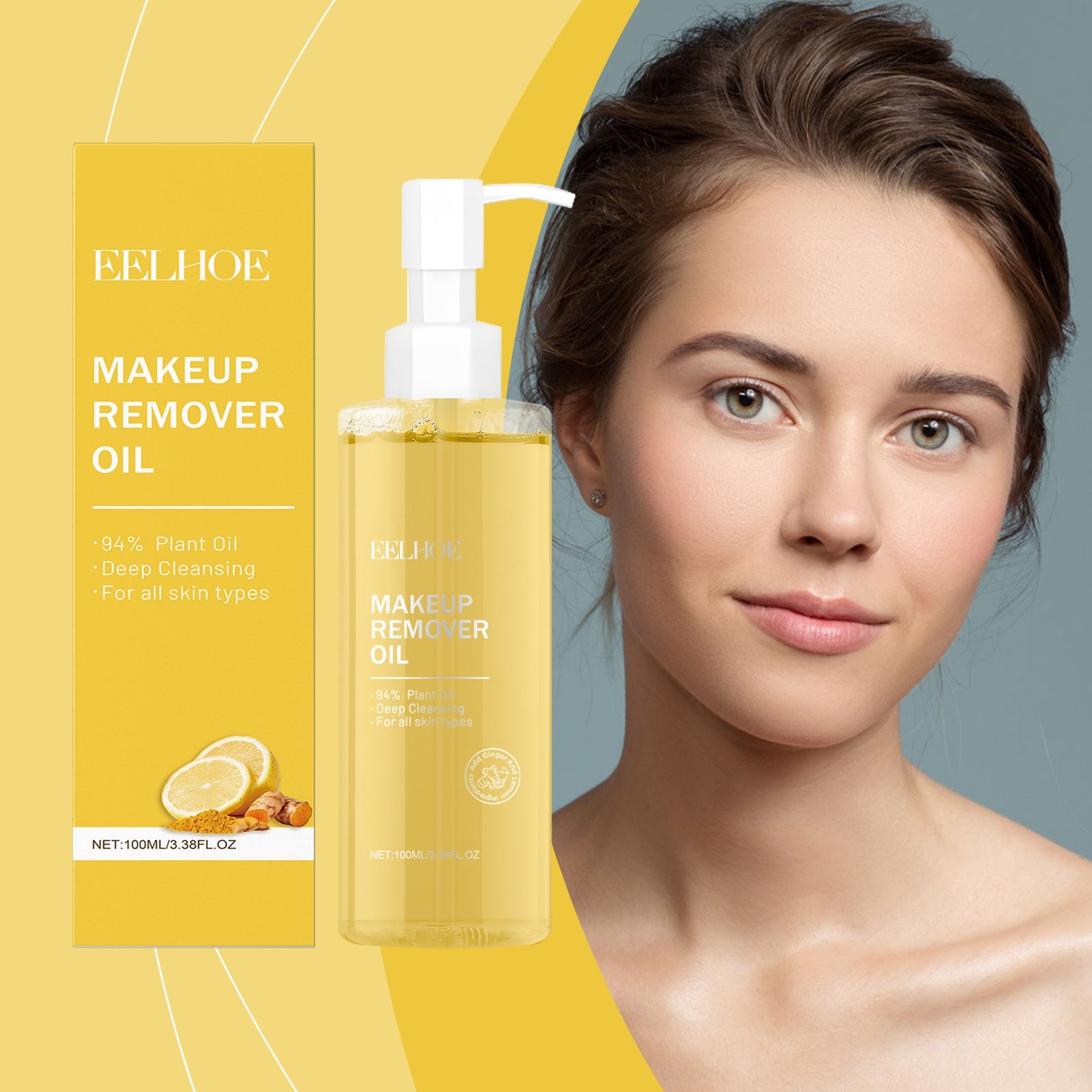 Woman with clear, refreshed complexion holding the product bottle against yellow geometric background with packaging visible