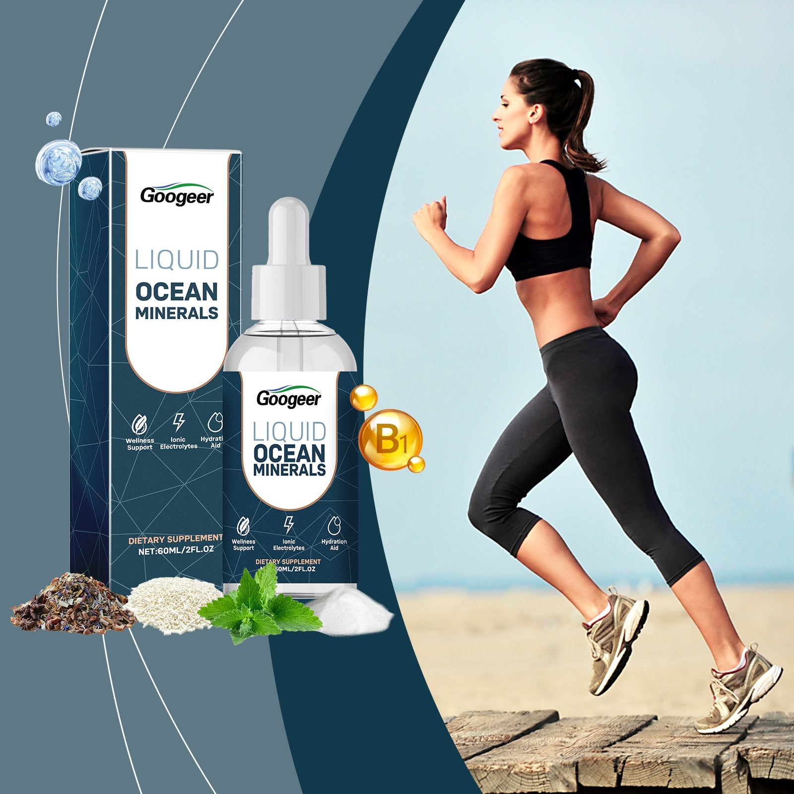 Active woman running on beach with visible mineral ingredients and B1 vitamin molecules alongside product bottle