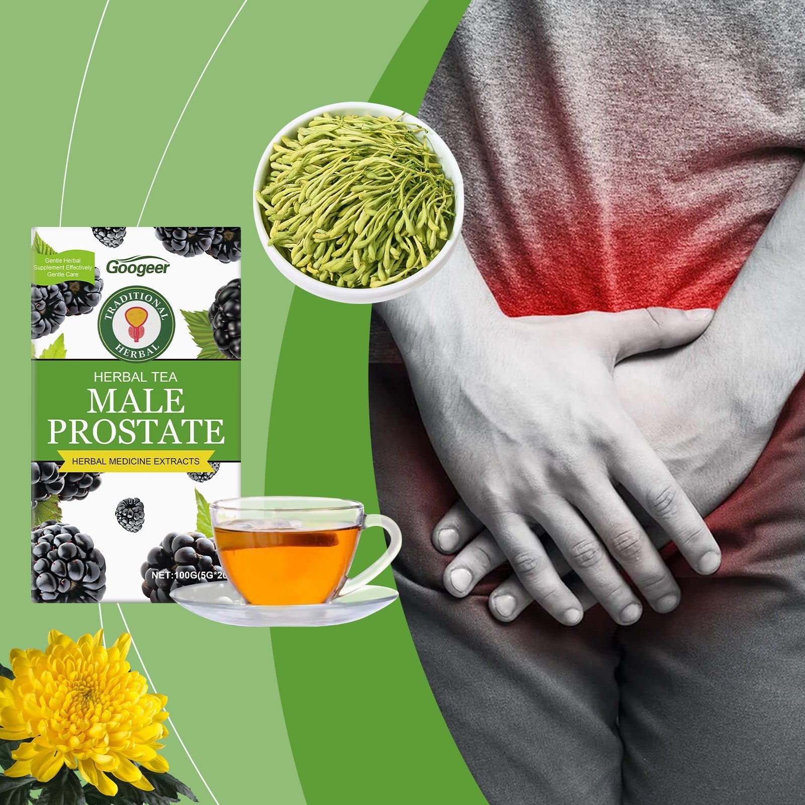 Infographic with product, loose tea leaves, and male abdominal area with pain indication