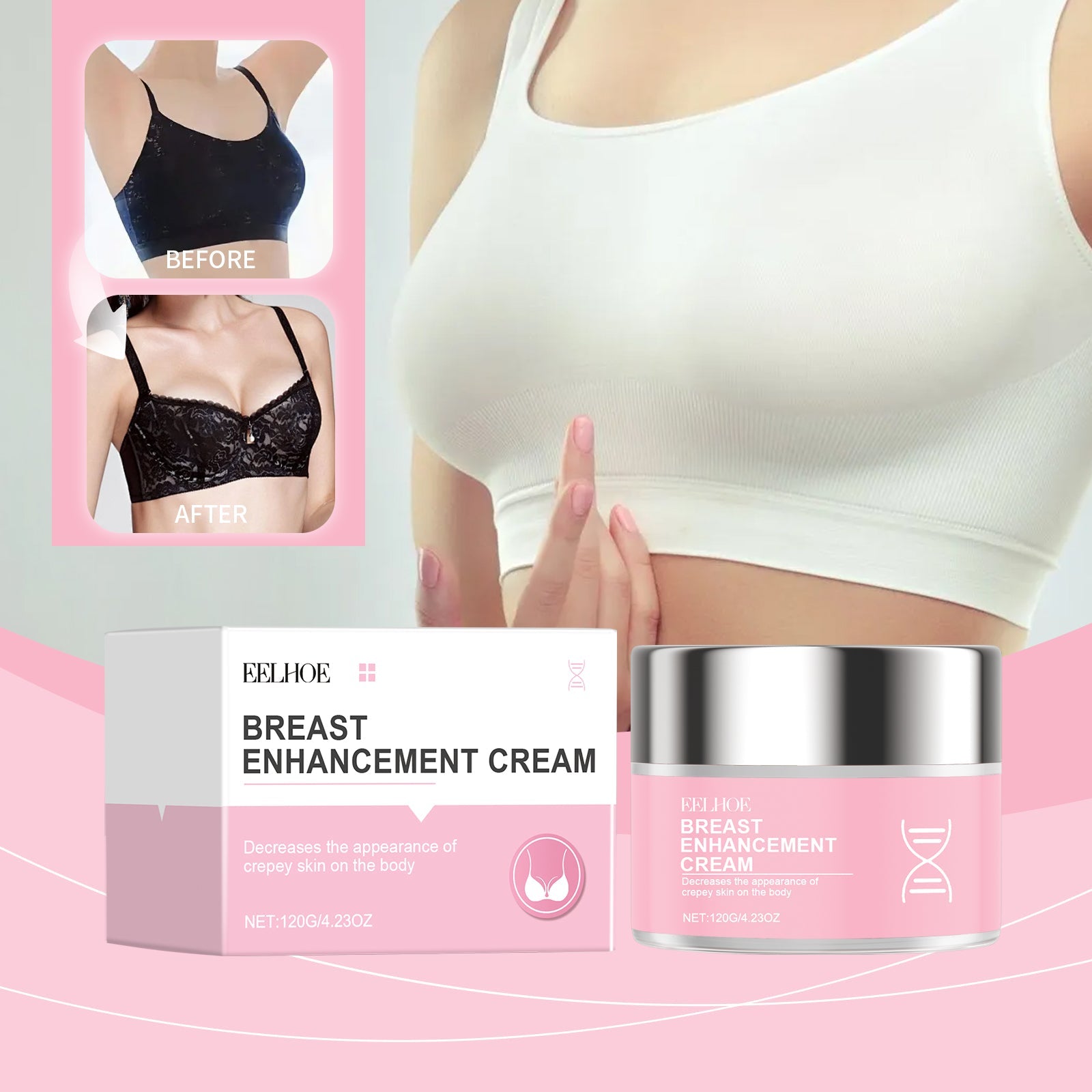 Lifestyle imagery showing application area with natural ingredient callouts (apple and lemon) and key benefits highlighted