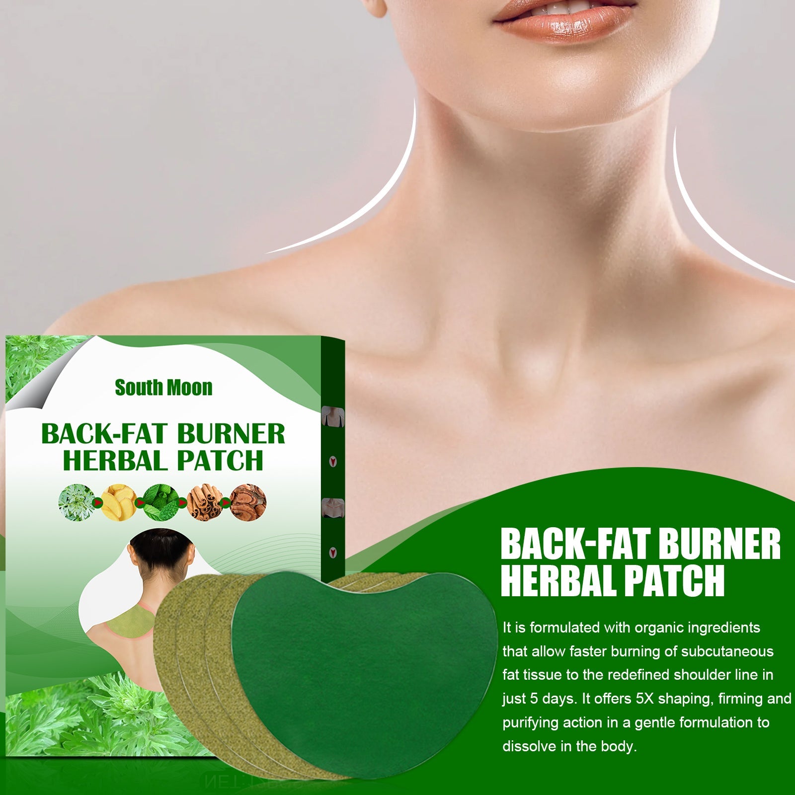 Side profile of woman's shoulder and neck area showing patch placement, with product box and detailed herbal patch visible