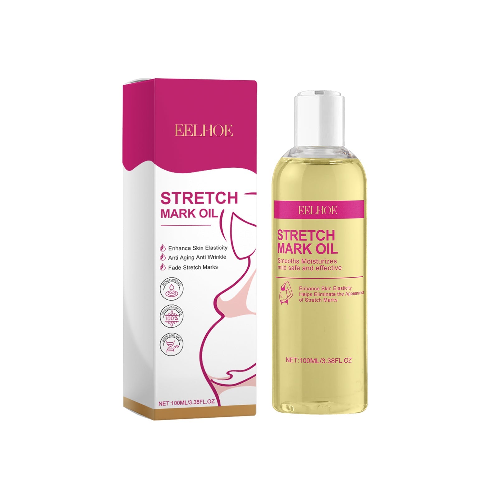 Side-by-side before/after photos of pregnant belly showing visible reduction in stretch mark appearance after treatment