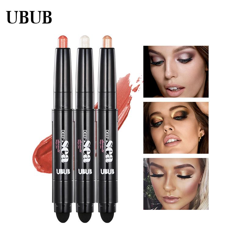 Three UBUB eye pencils in rose, champagne, and bronze shades with color swatches and three lifestyle photos of models wearing the eyeshadow