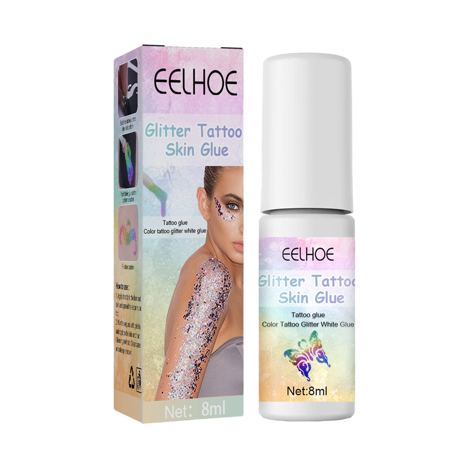 Four usage scenarios showing glitter tattoos on hair, face, legs, and arm with butterfly and flower designs
