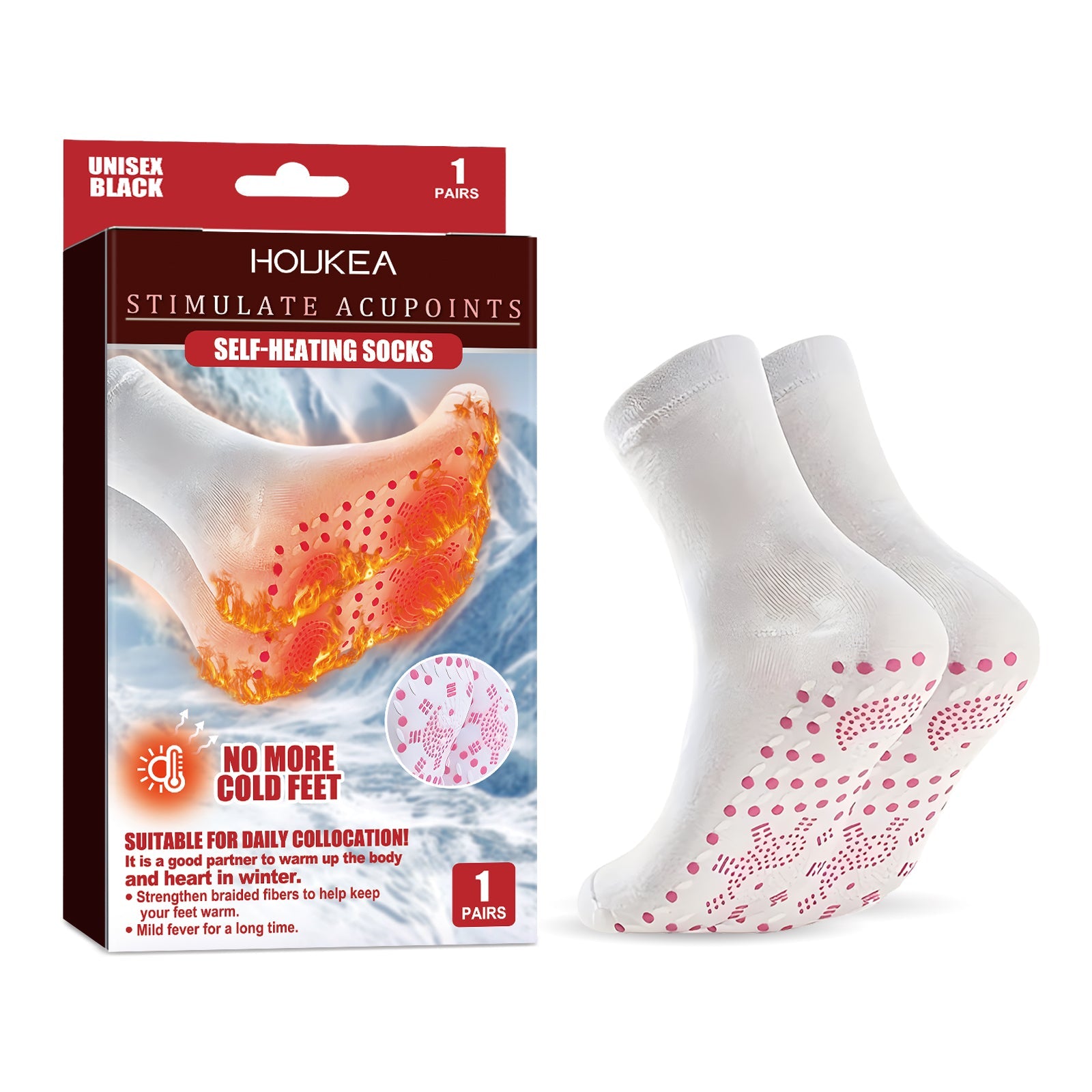 Large product shot with 'SELF-HEATING SOCKS' text overlay and thermal visualization showing orange/red heat pattern on foot