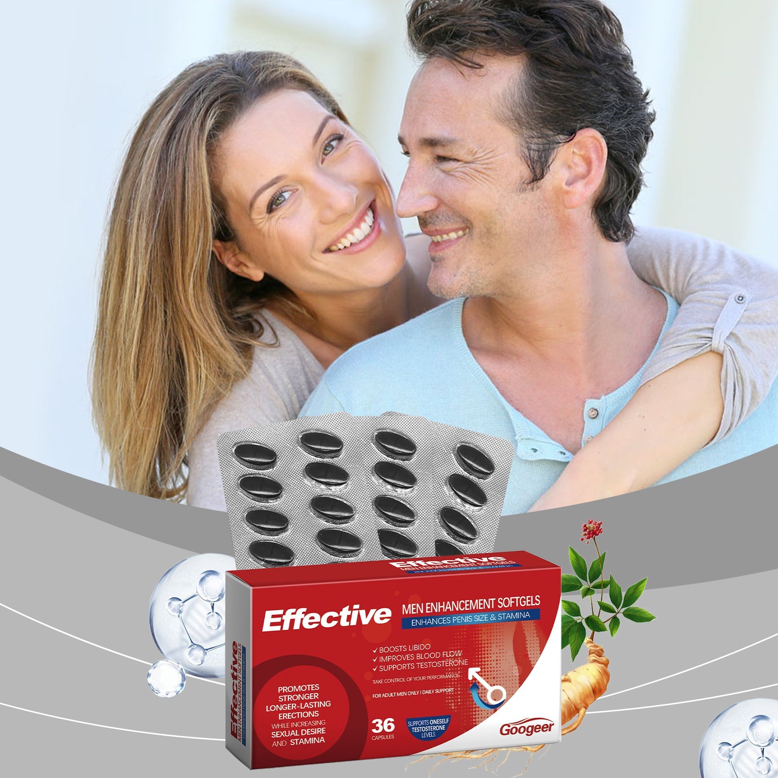 Happy couple embracing with product and natural ingredients displayed, suggesting relationship benefits