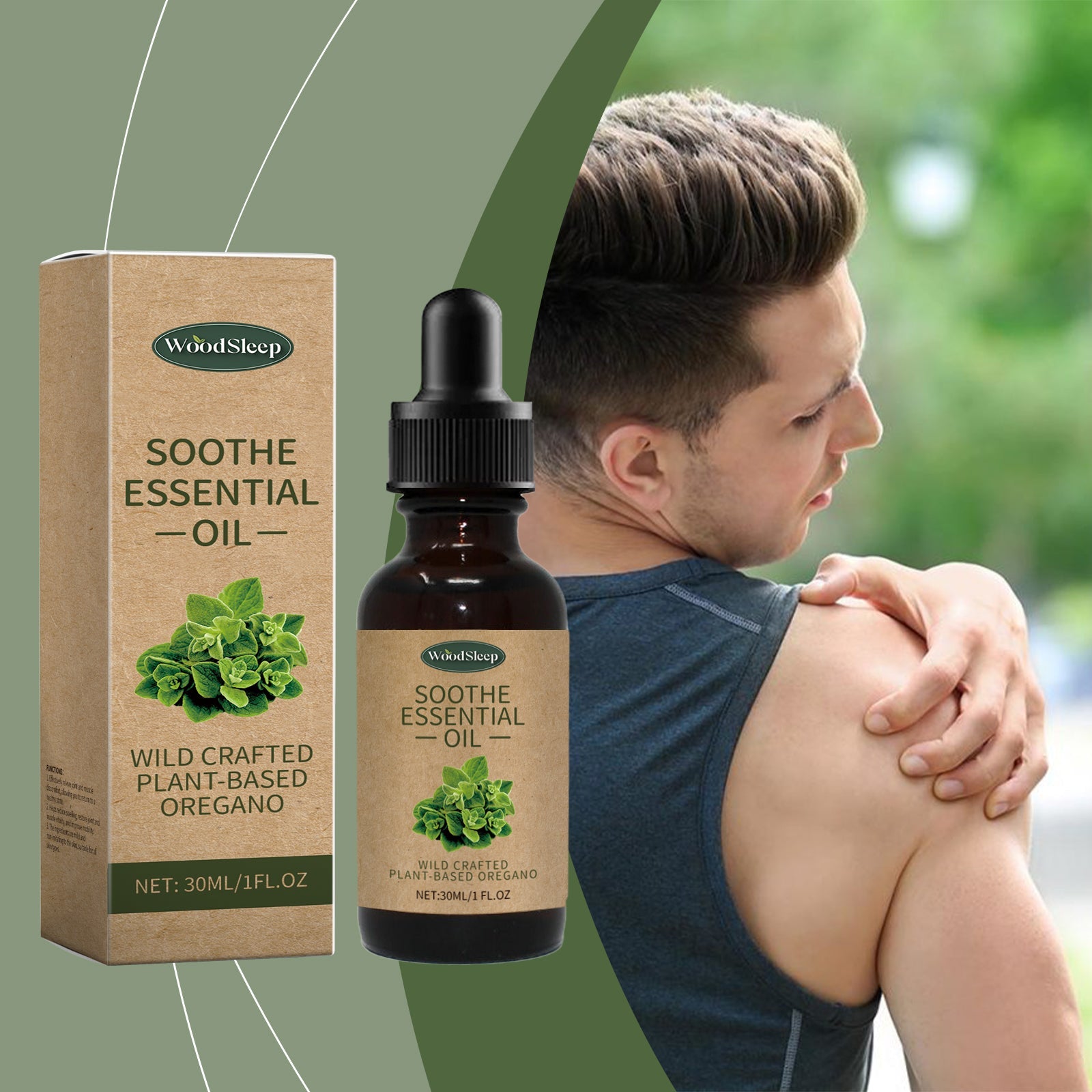 Man applying oil to shoulder with visible discomfort, product shown beside him against green nature background