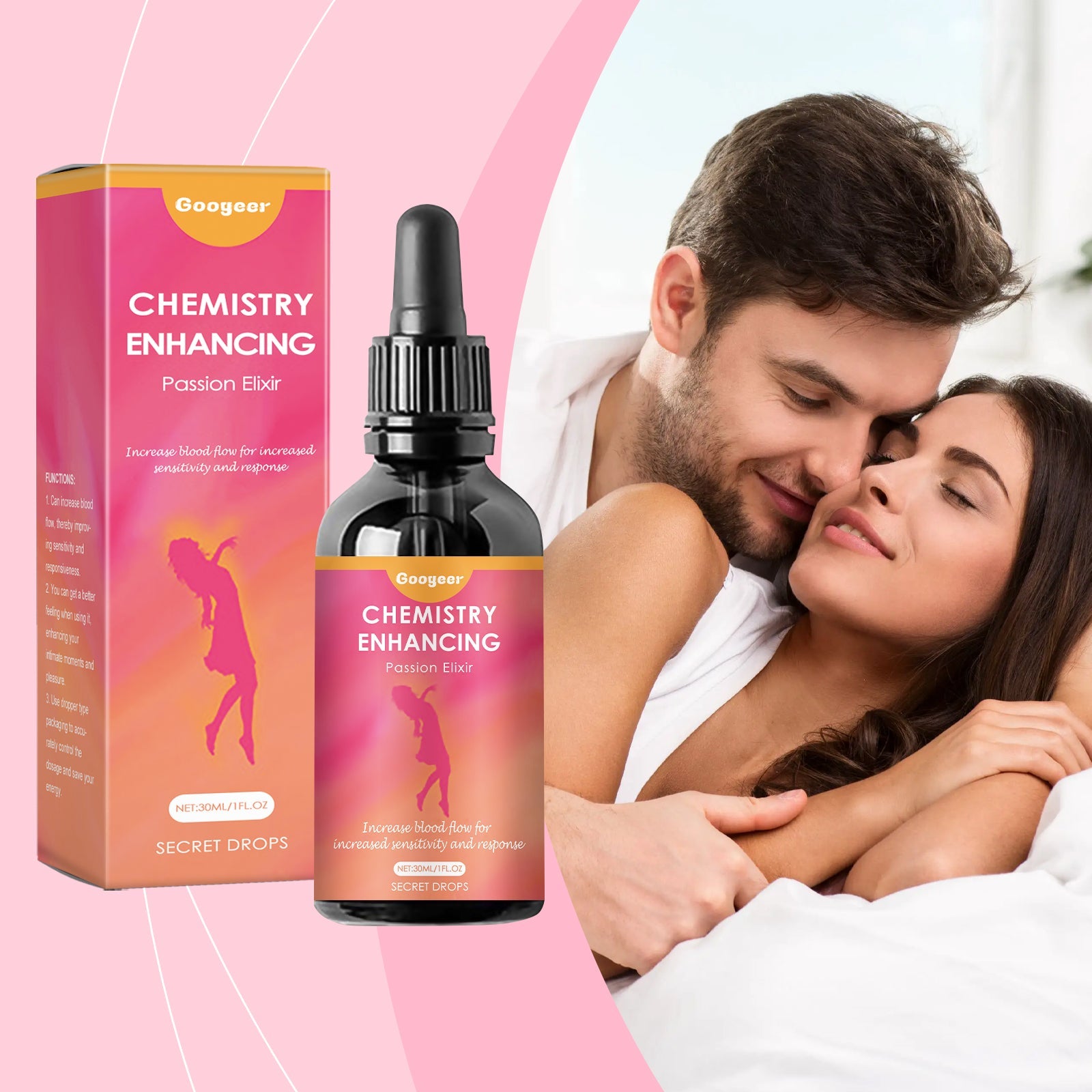 Intimate couple embracing tenderly with product packaging visible on pink background