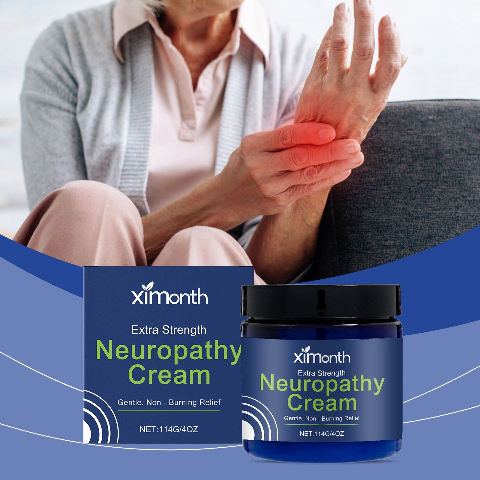 Middle-aged woman holding her wrist in pain, cream jar displayed below showing practical application scenario