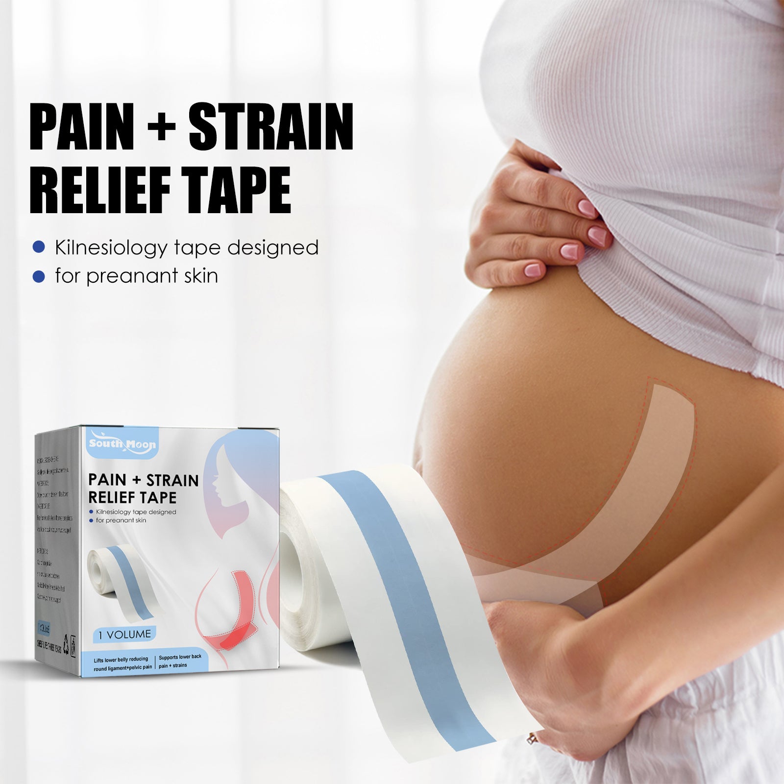 Pregnant woman applying tape to lower belly and back for support while wearing light-colored maternity clothing