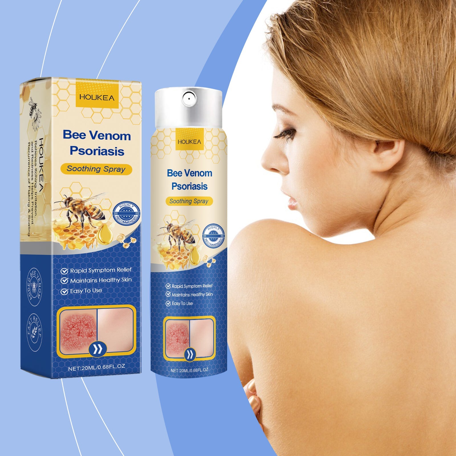 Woman in profile applying spray to shoulder against blue gradient background with product packaging