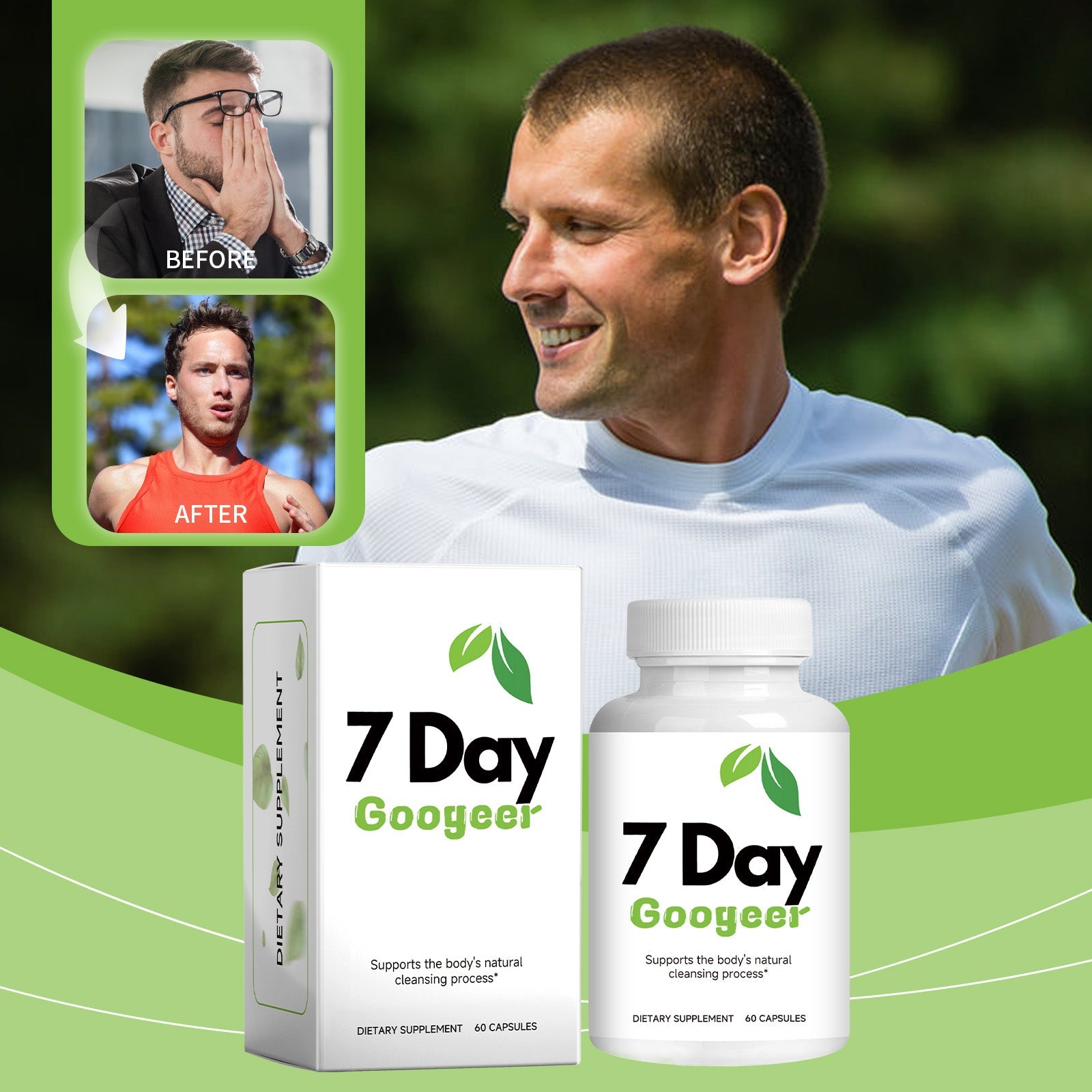 Athletic male in blue shirt at gym with text 'Dietary Supplement - Improve daily digestion efficiency and maintain body balance'