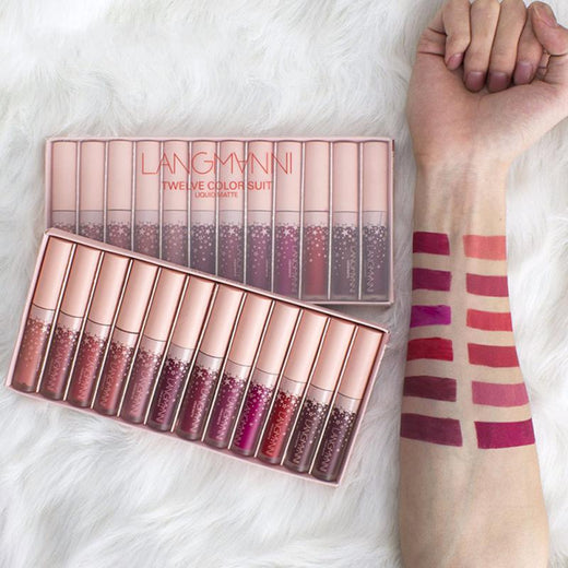 12-Color Liquid Matte Lipstick Set, Waterproof Non-Stick Cup