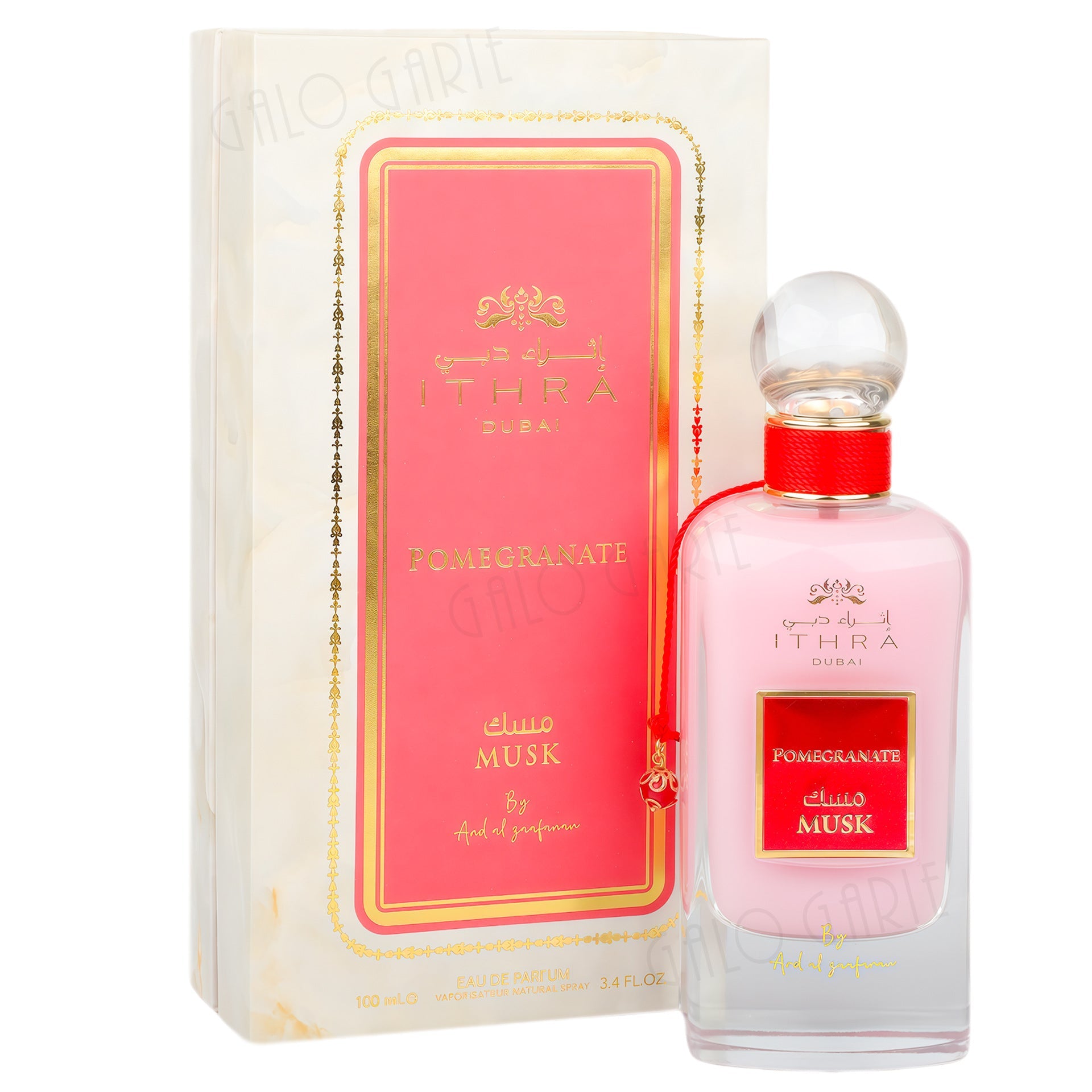 Ithra Dubai Pomegranate Musk fragrance in pink bottle with red accent box
