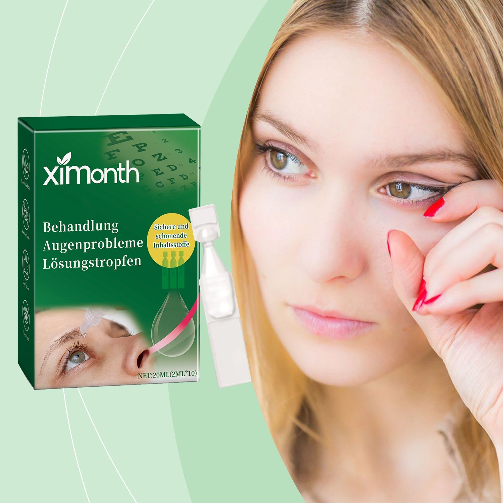 Young woman applying eye drops to lower lid with red nail polish against mint green background with product packaging visible