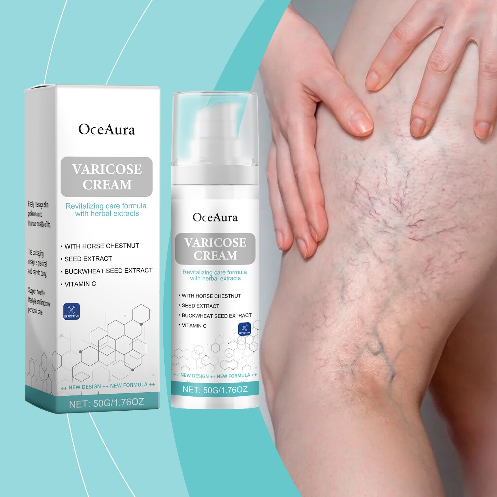 Detailed close-up photograph of leg with varicose veins and two magnified circular insets showing vein detail; text states suitable for sensitive skin