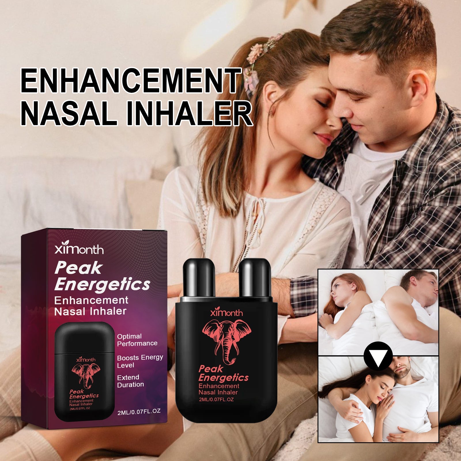 Intimate couple holding the product together in a bedroom setting with overlay text 'ENHANCEMENT NASAL INHALER' and smaller lifestyle imagery showing relaxed couple moments