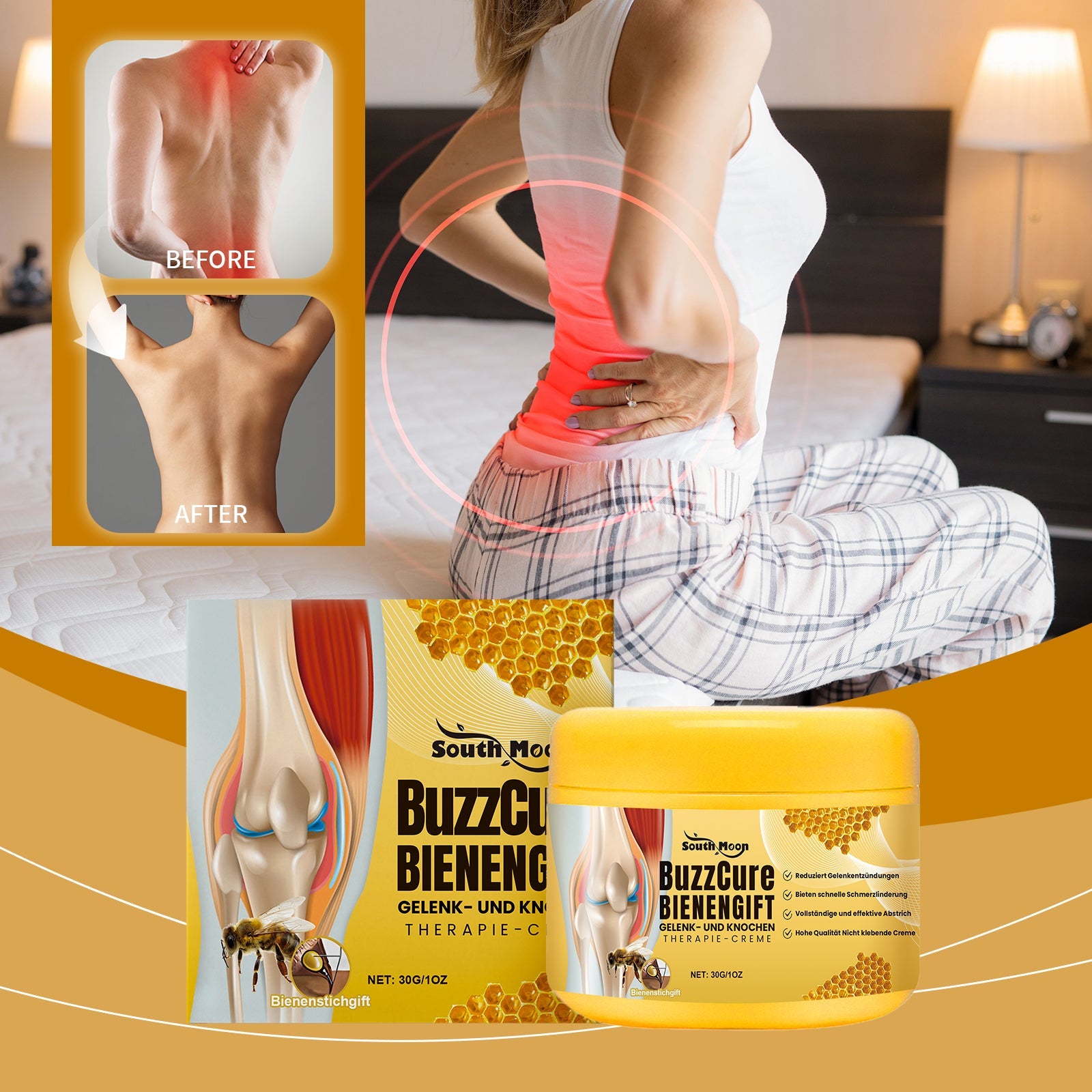 Close-up of hands showing joint discomfort visualization with red heat indicator, paired with benefit cards emphasizing soothing joints and improving elasticity