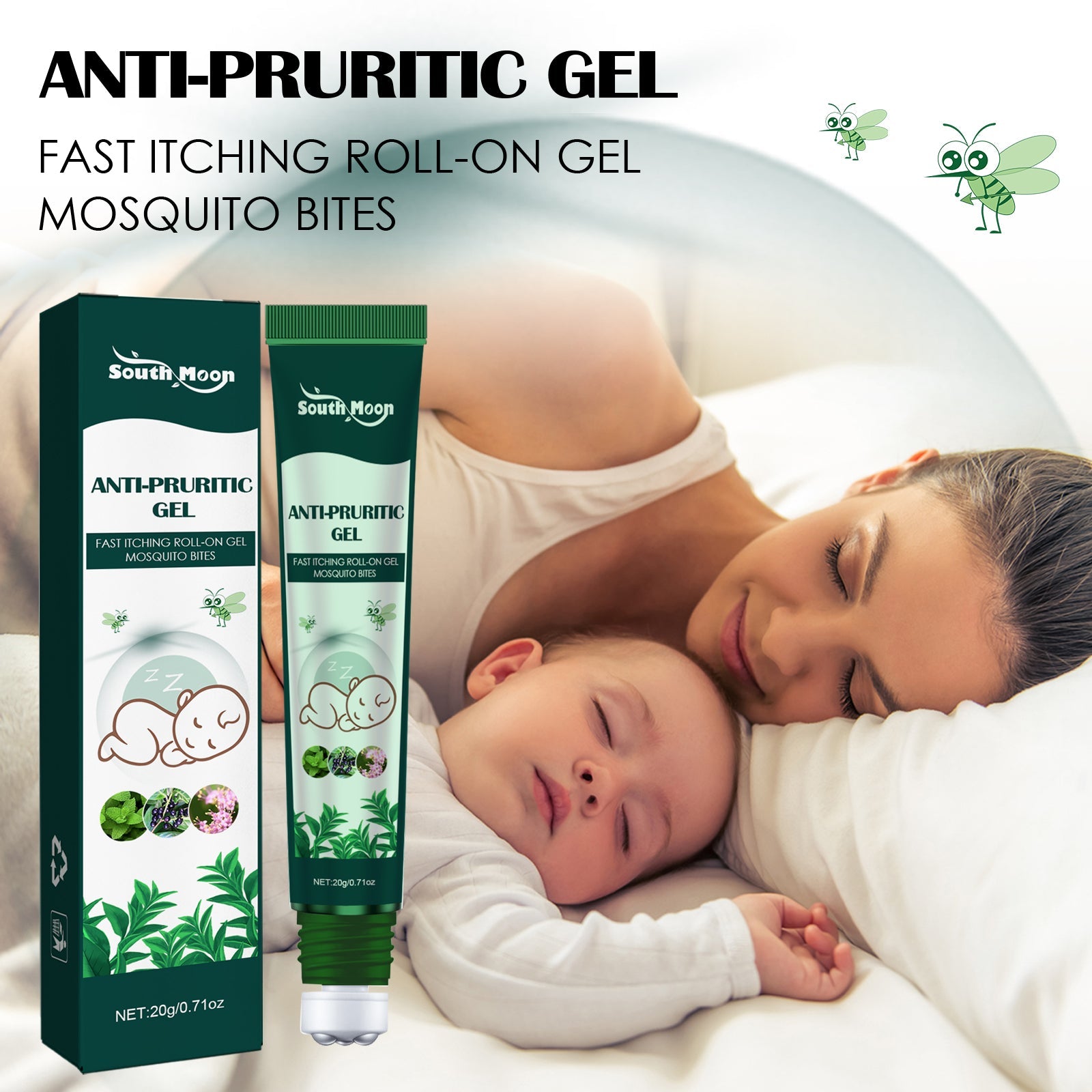 Mother and baby sleeping peacefully in bed, both smiling, with product packaging beside them