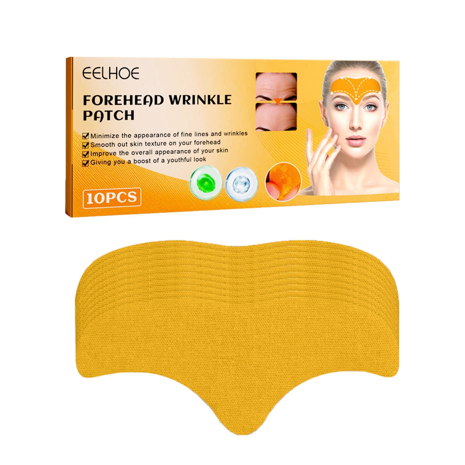 Golden-yellow textured gel patch shown isolated against white background displaying the pre-cut forehead shape and adhesive surface