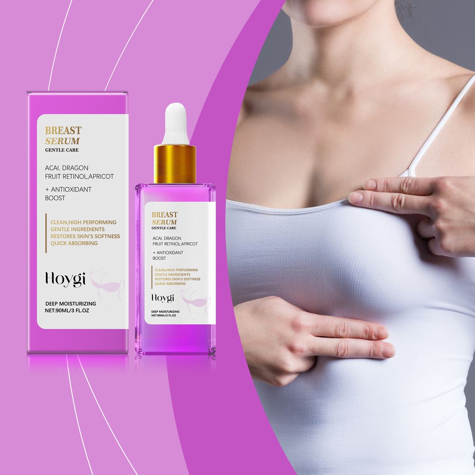 Woman applying serum to decolletage area; product packaging visible on left; magenta background with geometric design