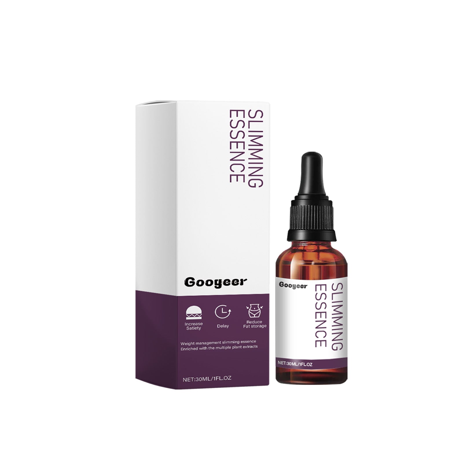 Identical product shot of Googeer Slimming Essence bottle and box from alternate angle