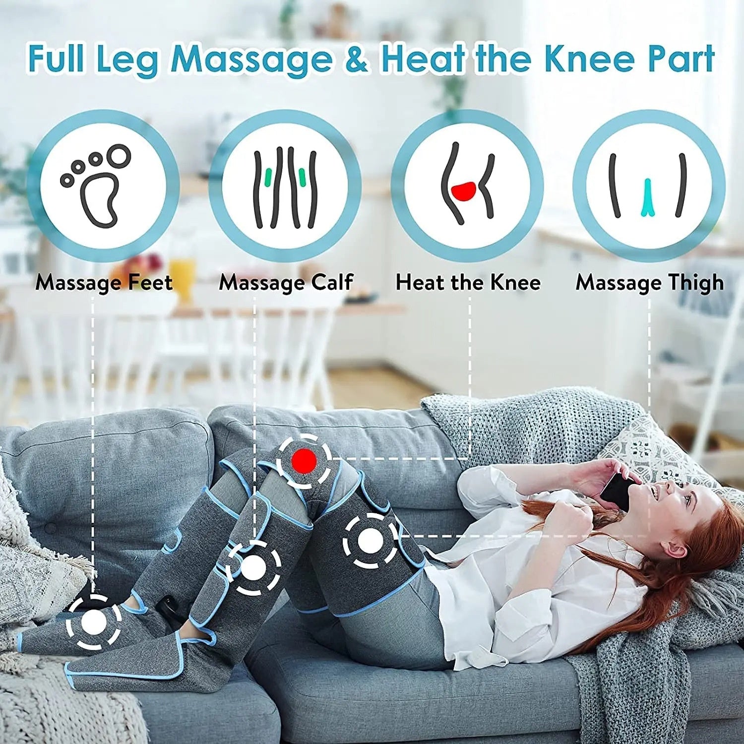 Woman lying on couch wearing gray compression sleeves with illustrated icons showing four massage zones (feet, calf, knee heat, thigh)