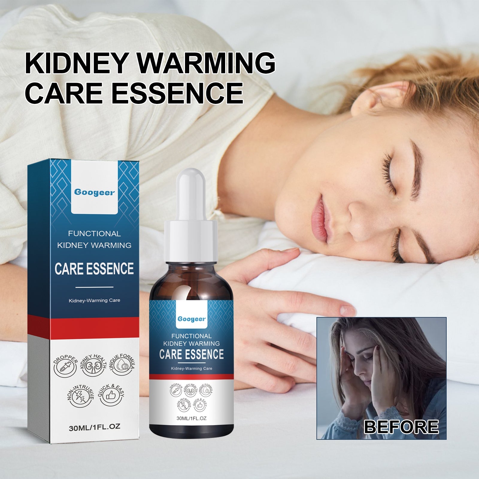 Woman sleeping peacefully in bed with product and packaging visible, before/after inset showing fatigue transition